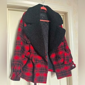 Banana Republic Lumberjack Plaid Wool Coat with Detachable Faux Shearling Collar